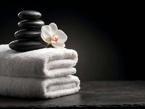 Zen Spa Still Life with Orchid, Black Basalt Stones and White Towels