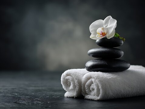 Zen Spa Stones and White Orchid on Towels for Wellness Concept