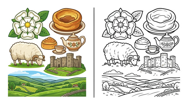 Yorkshire Icons: Rose, Sheep, Castle, Tea, Landscape - Vintage Style Illustration