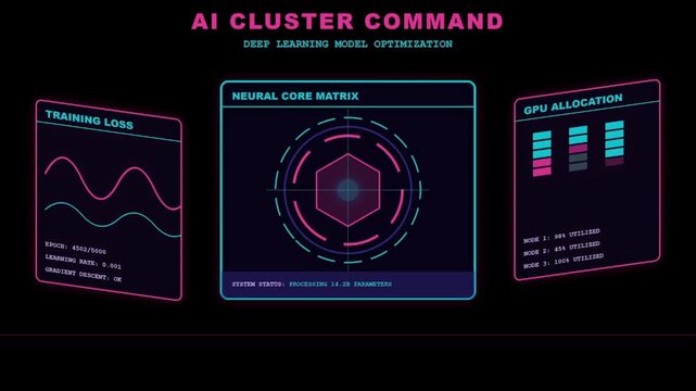 AI Cluster Command dashboard with neural core matrix. Deep learning model optimization interface. Futuristic GPU allocation and training loss data.