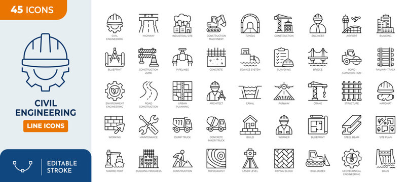 Civil engineering line editable icon set. Containing civil, engineering, construction, infrastructure, blueprint, engineer, building, and more. Vector Illustration