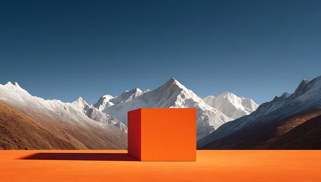 Bright orange cube placed on a flat orange surface in front of a snow-capped mountain range under blue sky