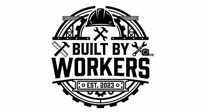 Built by workers construction logo emblem with hard hat and tools for industry and labor business