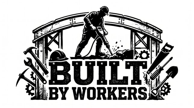 Built by workers construction logo with a man using a jackhammer and various professional tools