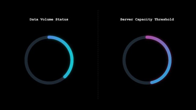 Modern digital interface showing data volume status and server capacity threshold with circular progress bars ideal for IT monitoring and web applications