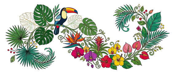 Obraz premium Exotic Toucan Bird Perched on Tropical Floral Swirl
