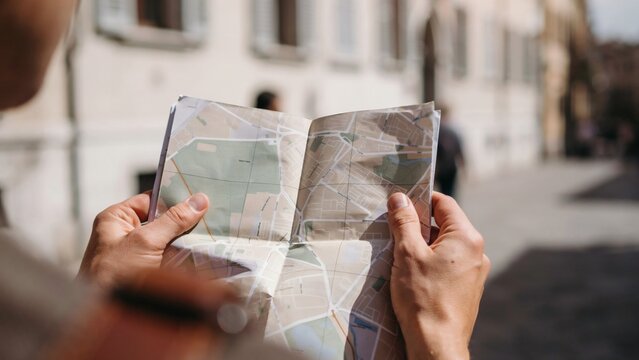 Person holding folded paper map while exploring urban street during sunny day with close perspective person