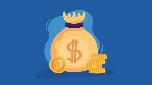 Money Bag Golden Coin and Stack of Coins Icon Set Against Blue Background, Animated Flat Vector Motion Graphic Loop for Financial Savings Investment Wealth and Banking Online Video Concept.