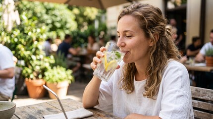 Fototapeta premium Young woman drinking refreshing lemonade with ice and mint in cafe patio