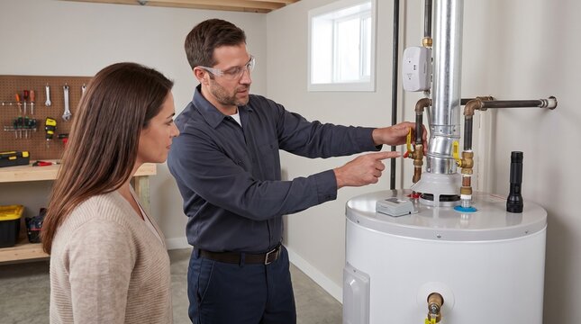 Professional Technician Explaining Gas Water Heater Operation to Female Homeowner
