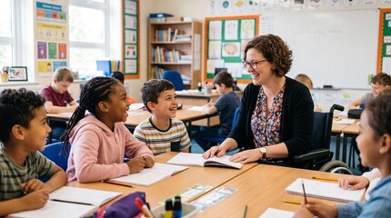 Fototapeta premium Smiling teacher in wheelchair teaching diverse elementary students in a bright classroom