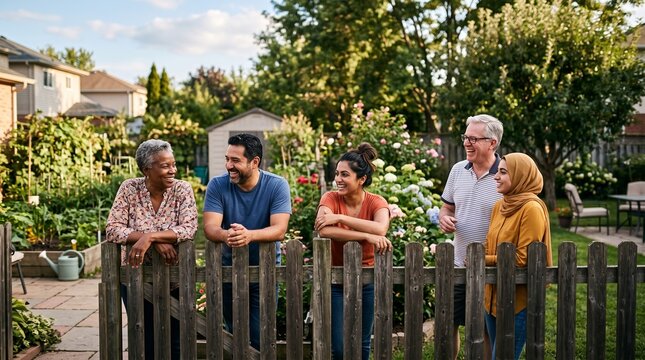 Diverse group of happy neighbors chatting in a sunny backyard garden