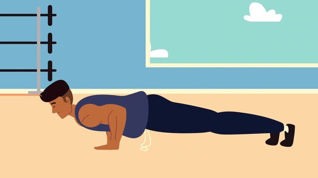 Cartoon Man Character Doing Pushup Workout Exercise in Gym Setting, Animated Flat Vector Motion Graphic Loop for Physical Fitness Bodybuilding Health Training and Personal Trainer Video Concept.
