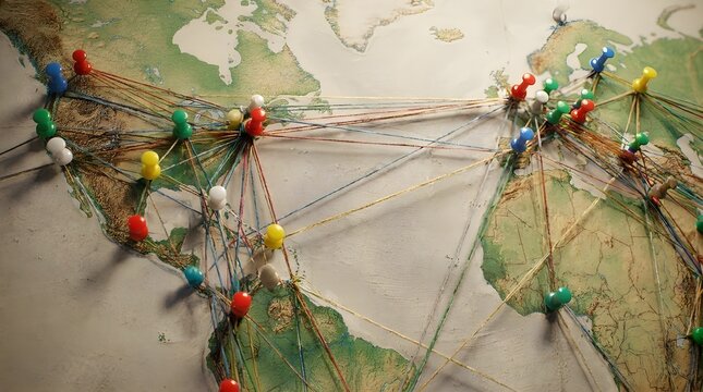 World Map Push Pins Connections