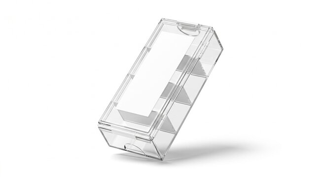 Clear plastic transparent storage box container mockup perspective view isolated on white background