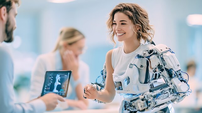 Rehabilitation physical therapy session with patient wearing advanced robotic exoskeleton for stroke rehabilitation, taking first assisted steps in modern rehabilitation center, therapist monitoring 