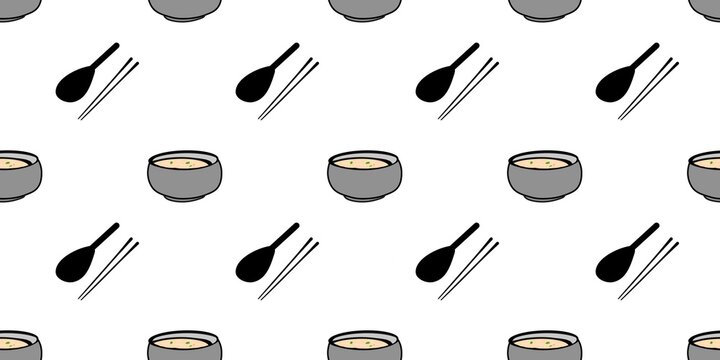 Seamless pattern with hand drawn soup bowls, spoons, and chopsticks on a white background.