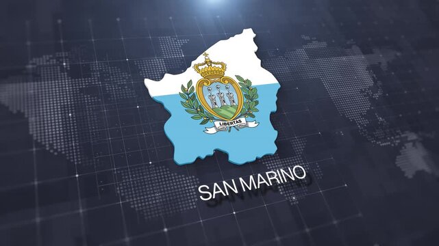 San Marino map with national flag on digital world map background, geographic border, global political and international news concept