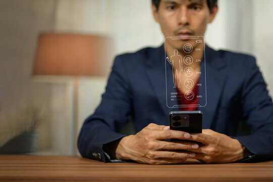 Businessman Using Smartphone with Digital Data Overlay in Modern Office Setting