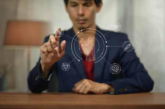 Modern Businessman Engages with Digital Interface and Data Visualization