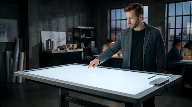 Architect using digital touch screen table in modern office at night