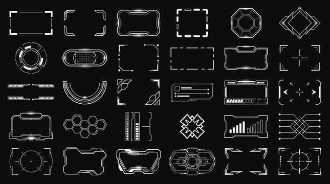 Large professional set of unique futuristic HUD interface frame elements in one organized wide composition include incomplete rectangular borders, sharp angular brackets, rounded corner frames 