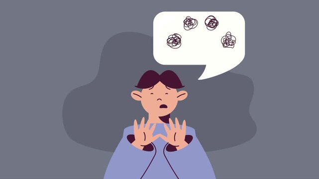 Worried Cartoon Person Character with Confusion Scribble Speech Bubble, Animated Flat Vector Motion Graphic Loop for Mental Health Stress Anxiety Overthinking and Problem Solving Video Concept.