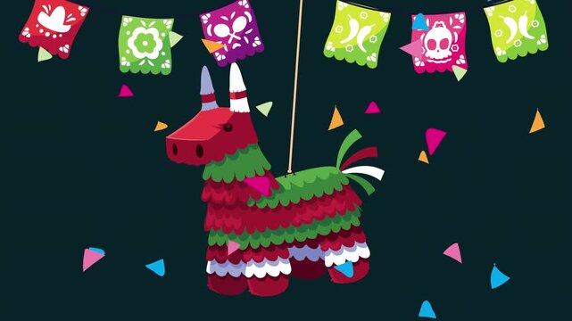 Colorful Donkey Pi&ntilde;ata Hanging Amongst Confetti and Festive Banners, Animated Flat Vector Character Motion Graphic Loop for Mexican Celebration Party Fiesta Birthday and Cinco de Mayo Video Project.
