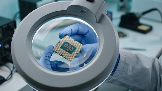 Gloved hands inspecting a microprocessor under a magnifying lamp