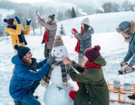  "snow fun" like making a snowman together, snowball fights, outdoor hot tubs, or drinking warm drinks outdoors.
