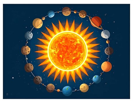 Bright sunburst with orbiting planets and stars in space.