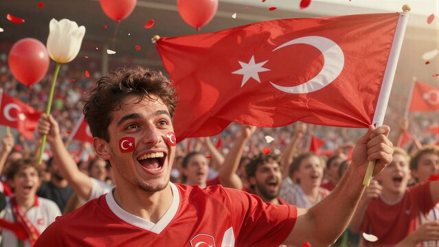 Turkish fan cheers wildly, waving flag amidst confetti and balloons at stadium.