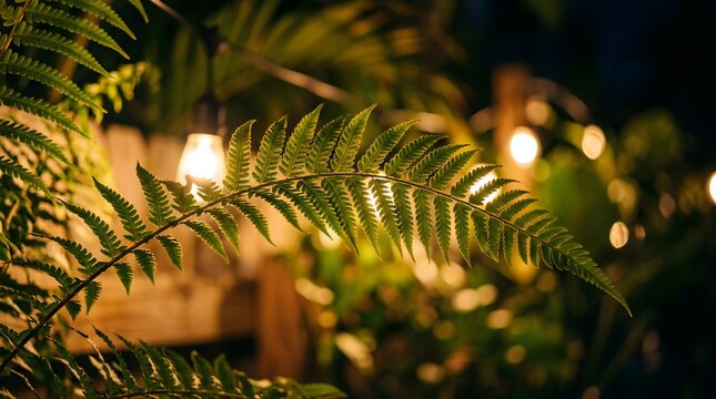 Green fern leaf close up at night with warm hanging string fairy lights