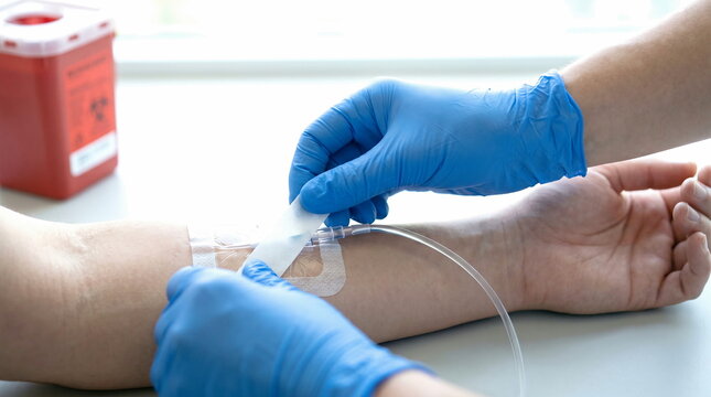 IV insertion by gloved hands on patient arm in medical setting, healthcare treatment concept.