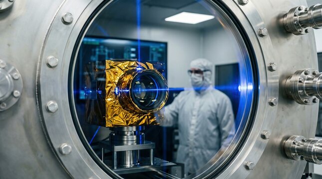 Scientific device, optical component with gold foil tested by laser beam inside vacuum chamber, aerospace engineering and advanced research.