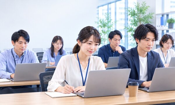 明るいオフィスでノートパソコンを使い研修を受ける若手ビジネスパーソン