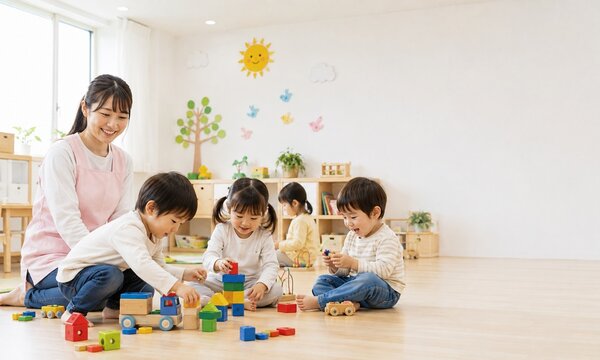 保育園の明るい教室で先生と積み木遊びを楽しむ子どもたち