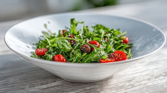 Fresh green salad with cherry tomatoes in a white bowl on wooden table
