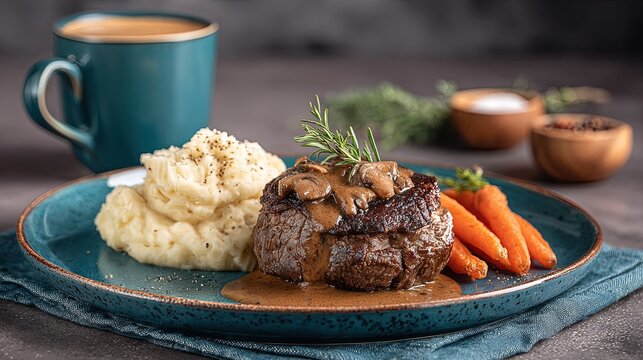 Delicious beef steak with mushroom sauce mashed potatoes and carrots on a plate