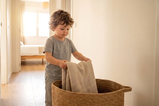 Child Sorting Laundry And Learning Organization Skills At Home