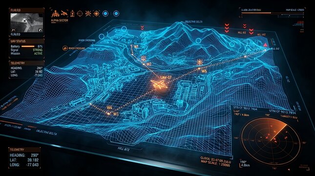 Digital holographic map interface showing drone flight path and terrain data in a dark room