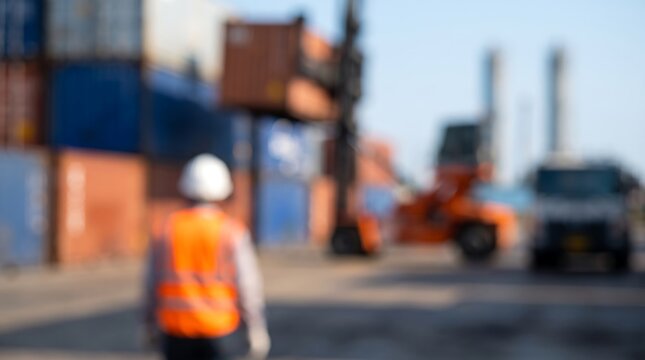 Blurred view of industrial harbor worker wearing orange safety vest and white hard hat standing near stacked shipping containers while heavy machinery operates in background at logistics port