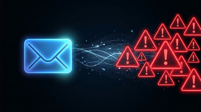 Abstract 3D render showing glowing blue envelope icon targeted by swarm of red neon warning symbols and digital circuit patterns representing sophisticated phishing and email security