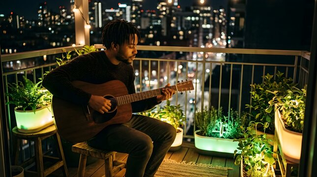 Young man playing acoustic guitar on a city balcony at night