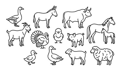 Fototapeta premium Minimal farm animal outline pictograms featuring goose turkey chick duckling sheep horse pig donkey and ox
