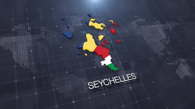 Seychelles map with national flag on digital world map background, geographic border, global political and international news concept