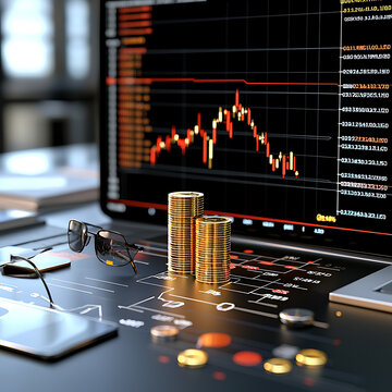 Financial chart on laptop screen with gold coins and eyeglasses on desk