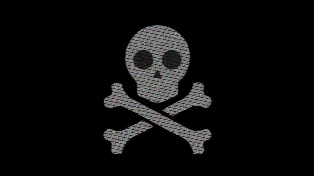 A glitchy skull and crossbones symbol pulsates with digital noise and vibrant colors against a dark background 4k video