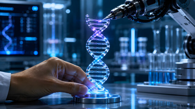 Futuristic robotic arm analyzing glowing holographic DNA helix in high-tech laboratory with scientist hand interaction