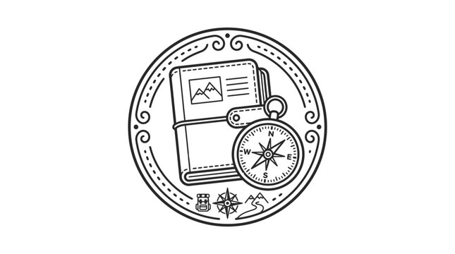 Travel journal and compass emblem for world exploration.